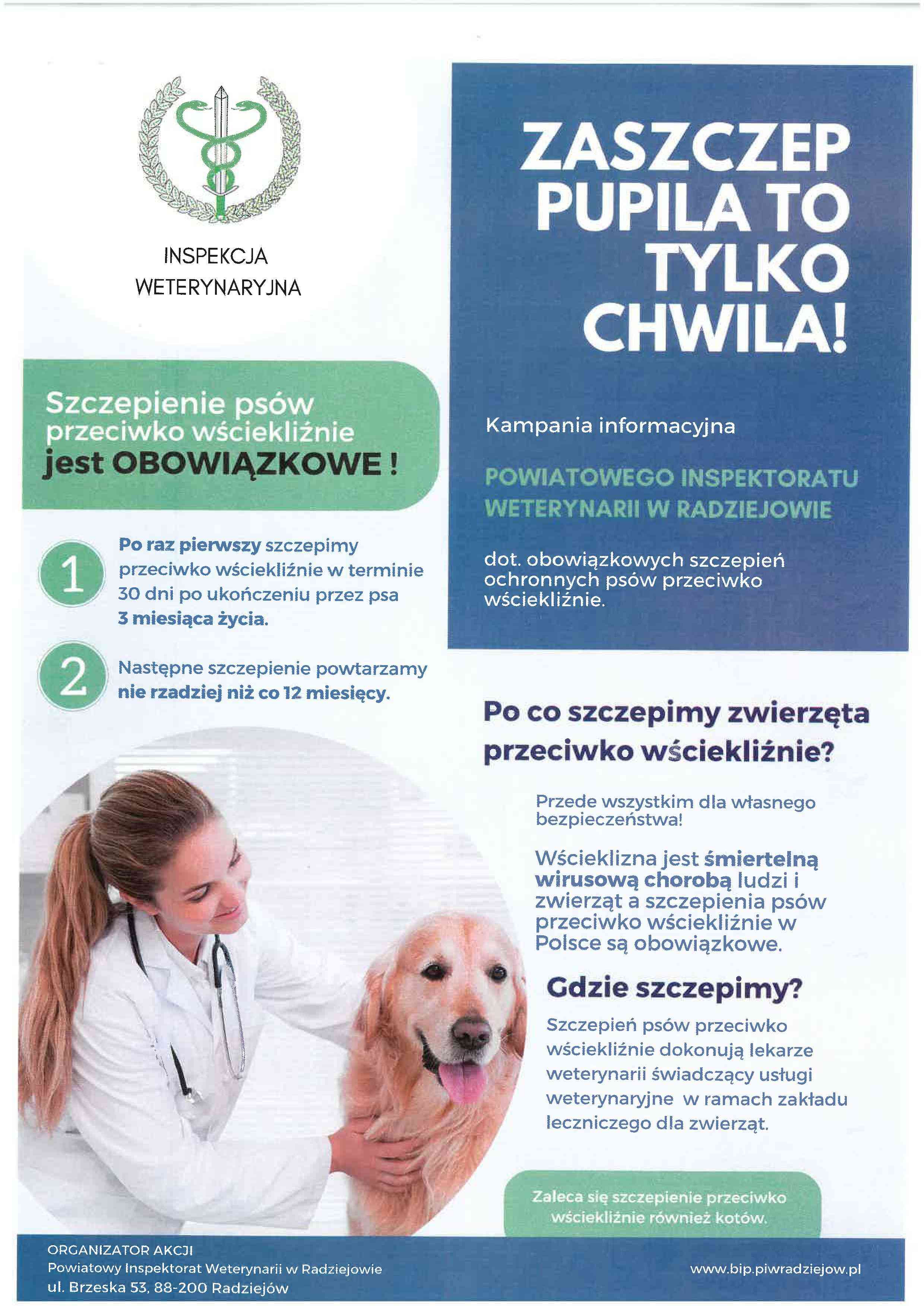 Informacja o obowiązku szczepień psów przeciw wściekliźnie.