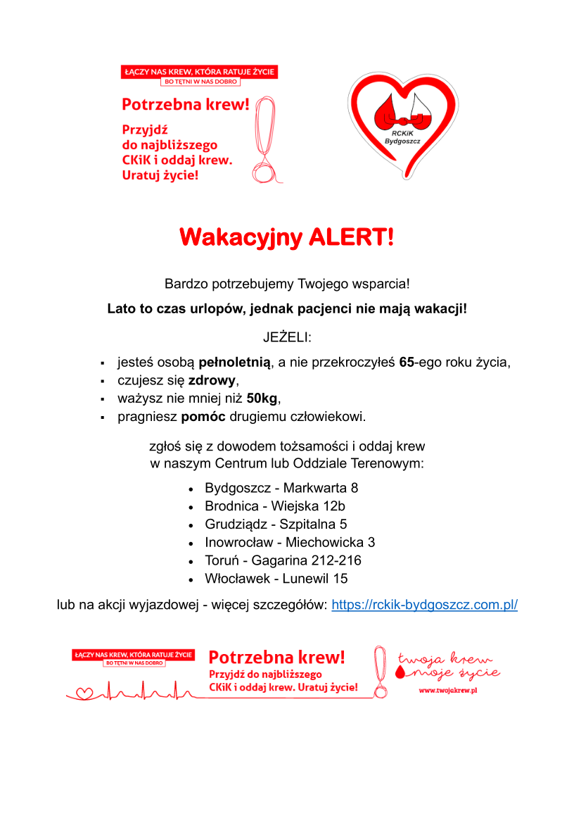 Wakacyjny ALERT ! - Harmonogram krwiodawstwa