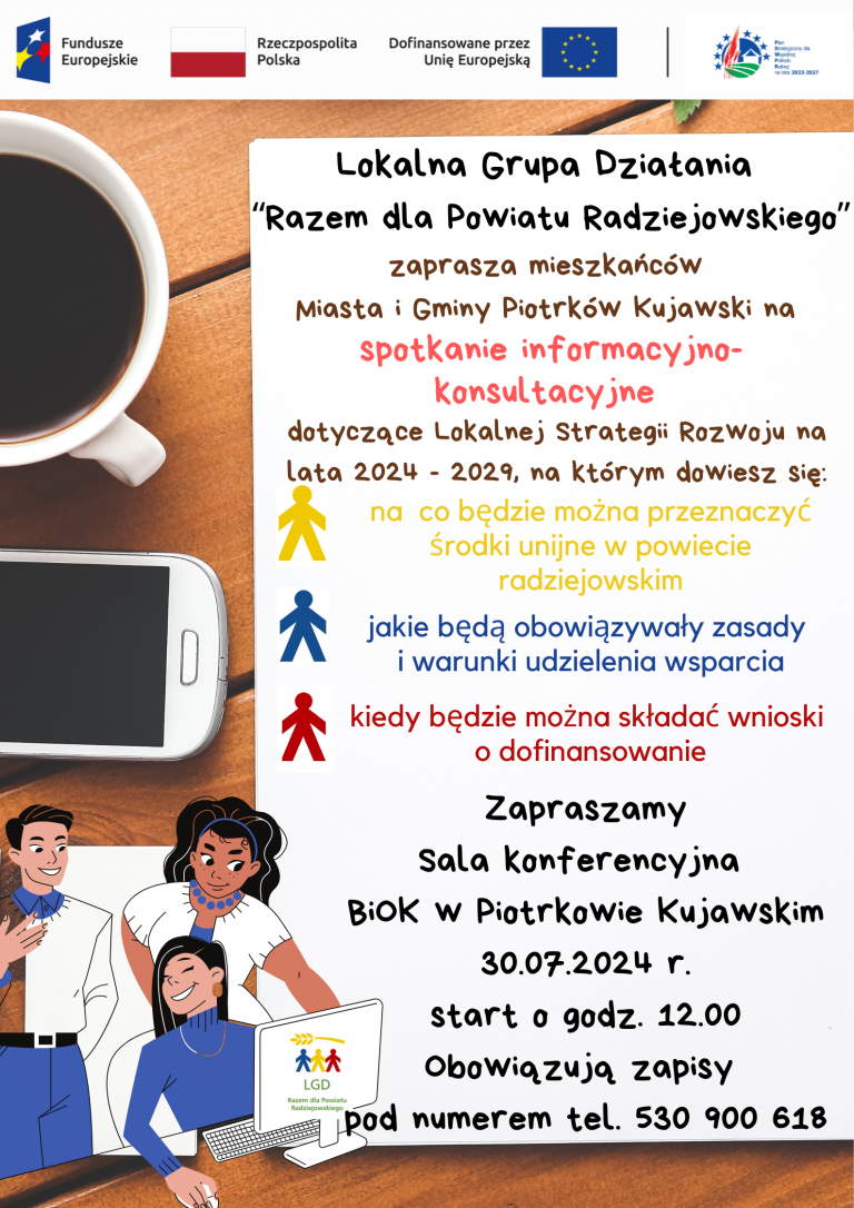 Zapraszamy mieszkańców Miasta i Gminy Piotrków Kujawski na spotkanie informacyjno-konsultacyjne, dotyczące środków unijnych na inicjatywy lokalne na lata 2024-2029 – aktualizacja miejsca spotkania
