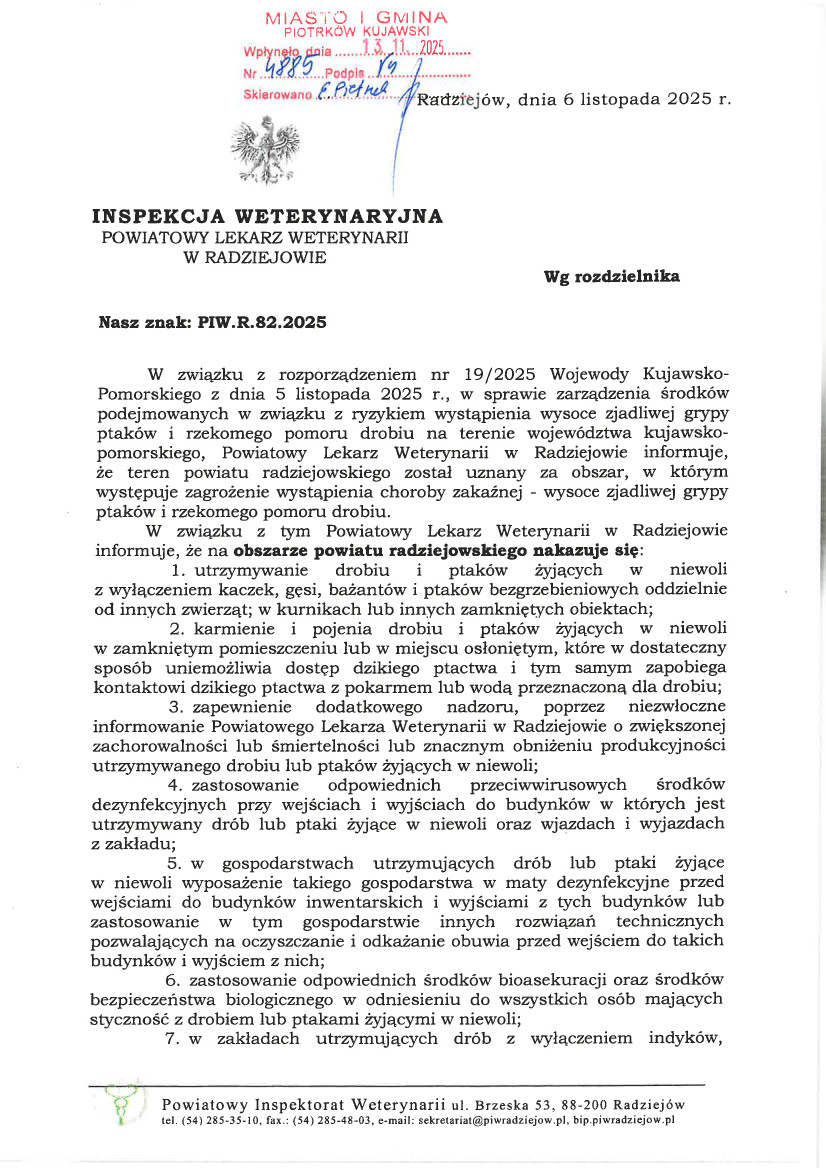 Informacja dot. zagrożenia wystąpienia choroby zakaźnej - wysoce zjadliwej grypy ptaków i rzekomego pomoru drobiu.