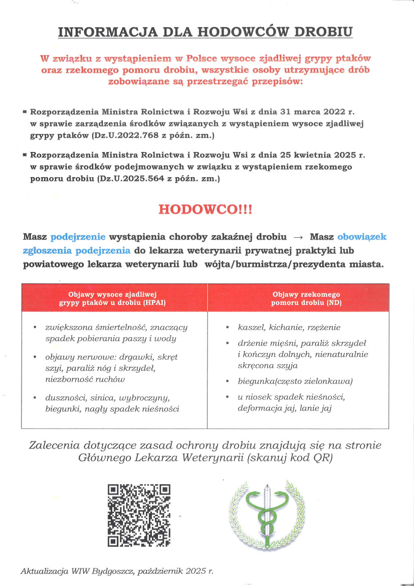INFORMACJA DLA HODOWCÓW DROBIU - W związku z wystąpieniem w Polsce wysoce zjadliwej grypy ptaków oraz rzekomego pomoru drobiu, wszystkie osoby utrzymujące drób zobowiązane są przestrzegać przepisów: