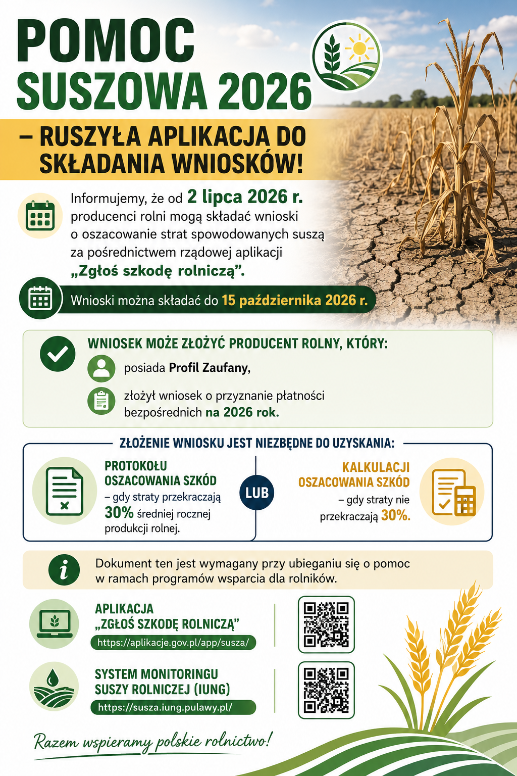 Aplikacja suszowa 2026 – rolnicy mogą zgłaszać szkody