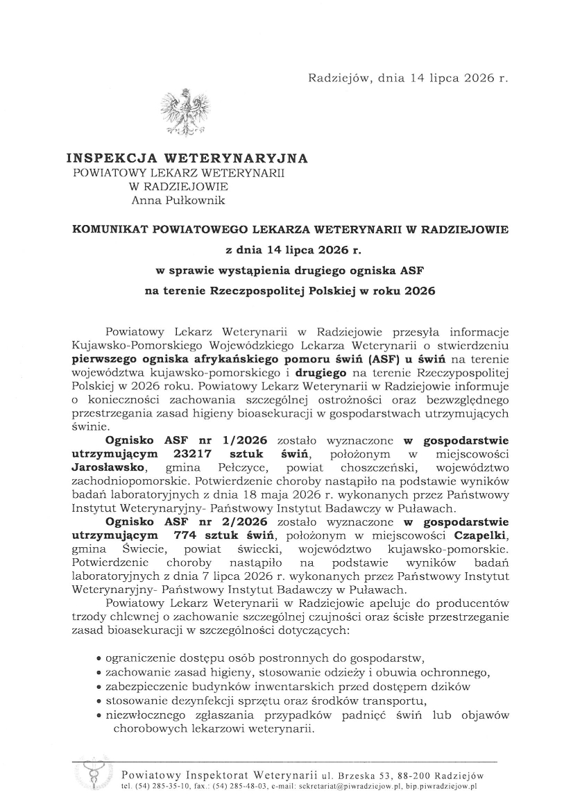 KOMUNIKAT POWIATOWEGO LEKARZA WETERYNARII W RADZIEJOWIE  z dnia 14 lipca 2026 r. w sprawie wystąpienia drugiego ogniska ASF na terenie Rzeczpospolitej Polskiej w roku 2026