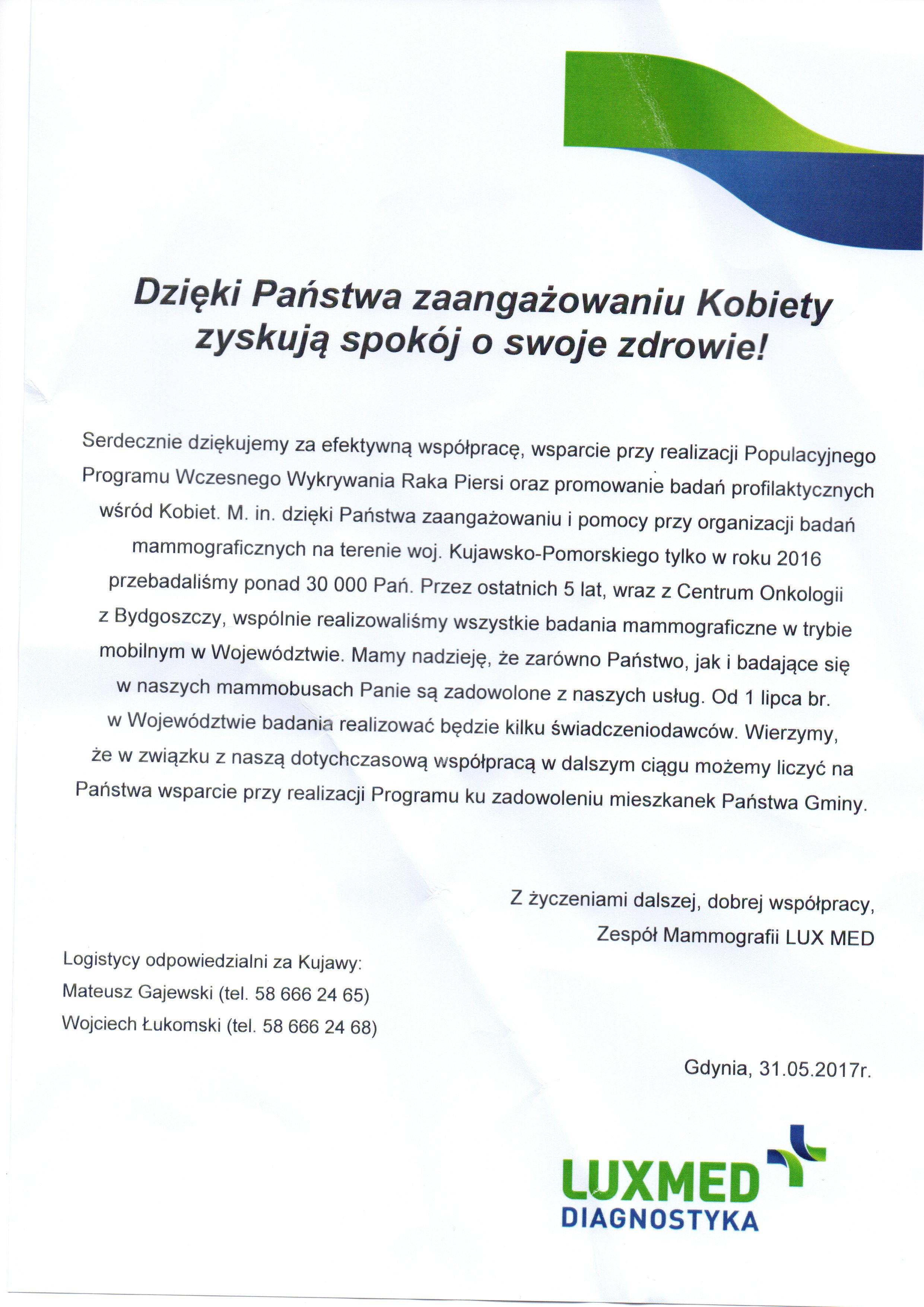 Podziękowania Zespołu Mammografii LUX MED