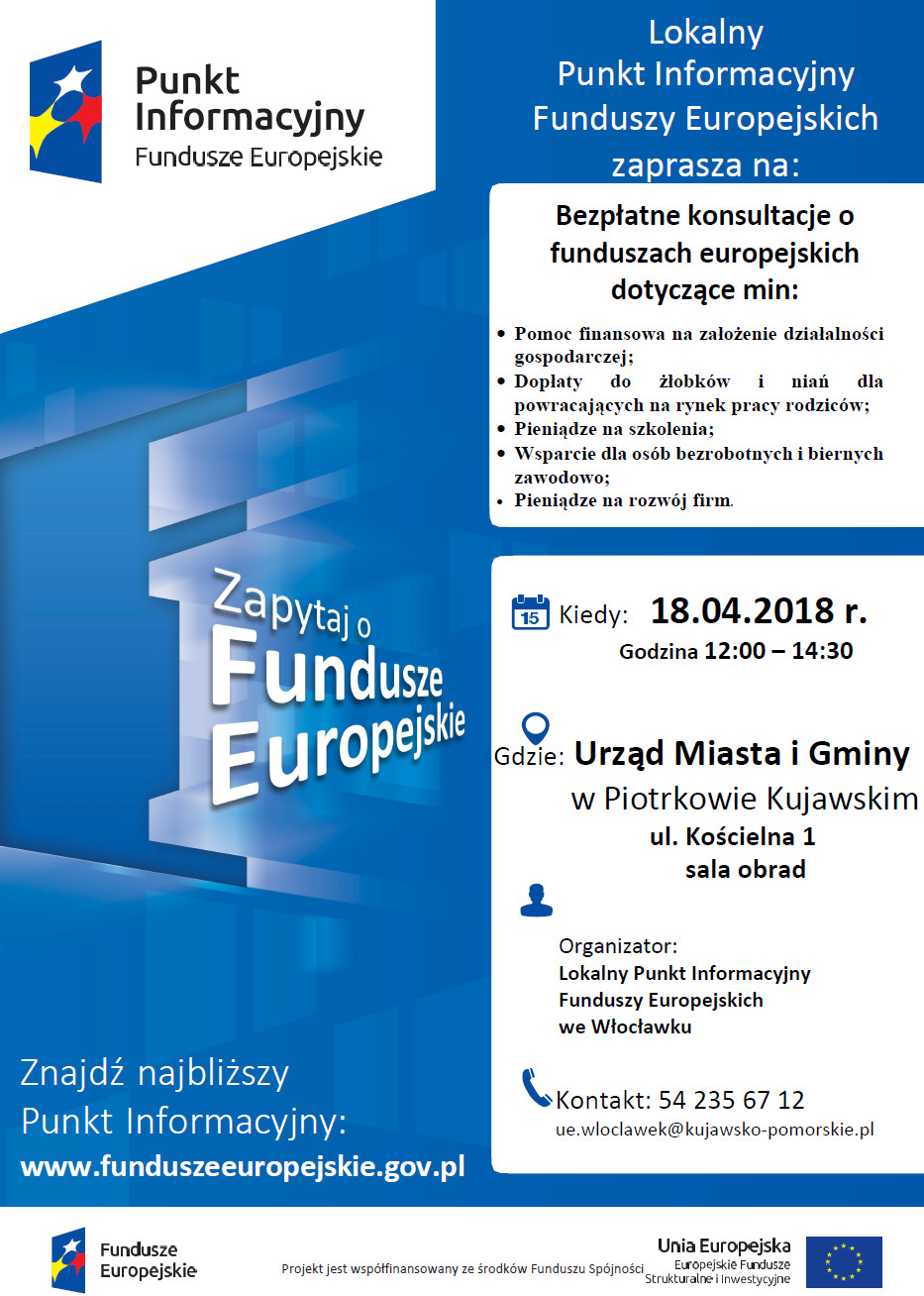 Mobilne Punkty Informacyjne o Funduszach Europejskich w Piotrkowie Kujawskim w kwietniu